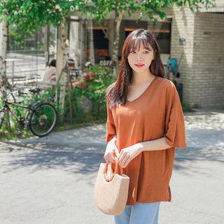 Elbow-sleeve Oversized Linen Blend T-shirt