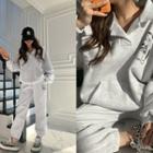 Set: Notch-collar Dog-illustrated Sweatshirt + Jogger Pants Melange White - One Size