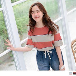 Wide-stripe Round Neck Short-sleeve T-shirt