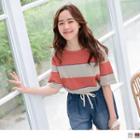 Wide-stripe Round Neck Short-sleeve T-shirt