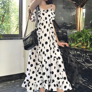 Spaghetti Strap Polka Dot Ruffle Trim A-line Dress