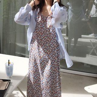 Plain Long-sleeve Shirt / Floral V-neck Sleeveless Dress