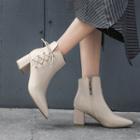 Genuine Leather Pointed Block Heel Lace-up Ankle Boots