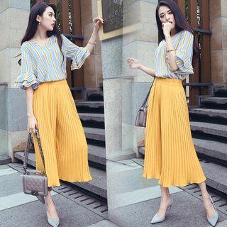 Set: V-neck Striped Elbow Sleeve Blouse + Cropped Pleat Wide Leg Pants