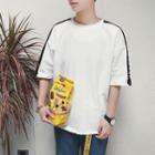 Lettering Embroidered Color Block Elbow-sleeve T-shirt