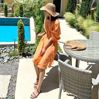 Puff-sleeve Slit-side Dress With Sash