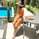 Puff-sleeve Slit-side Dress With Sash