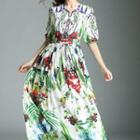 Elbow-sleeve V-neck Print Maxi Dress