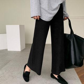 Drawcord Rib-knit Wide Pants Black - One Size