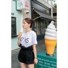 Set: Round-neck Lettering Top + Band-waist Shorts With Belt