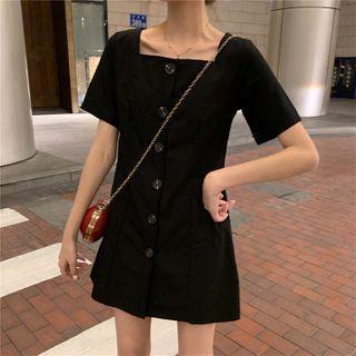 Square-neck Short-sleeve Dress Black - One Size