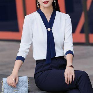 V-neck Contrast Trim Blouse / Dress Pants