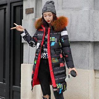 Reversible Lettering Furry Hood Padded Coat