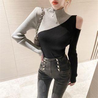 Turtle-neck Two-tone Knit Sweater