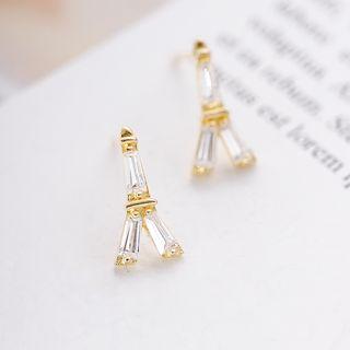 925 Sterling Silver Rhinestone Eiffel Tower Earring 1 Pair - Earrings - One Size