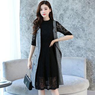 Set: Lace Long-sleeve A-line Dress + Double-breasted Vest