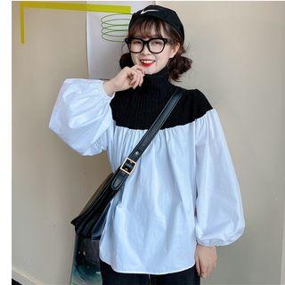Mock-turtleneck Balloon-sleeve Paneled Blouse