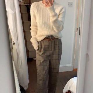 Long-sleeve Plain Ribbed Sweater Milky White - One Size