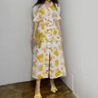 Printed Puff-sleeve Midi A-line Dress