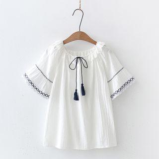 Short-sleeve Tasseled Frill Trim Blouse White - One Size