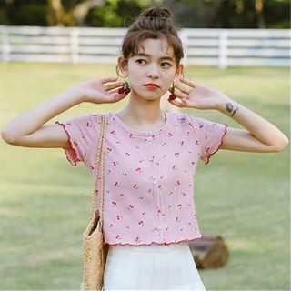 Short-sleeve Cherry Print Buttoned Knit Top