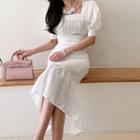 Set: Puff-sleeve Square-neck Eyelet Cropped Blouse + Midi Mermaid Skirt