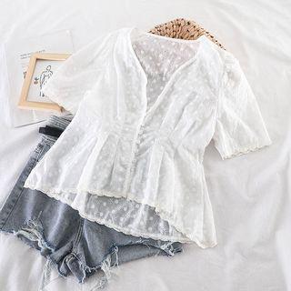 Crochet V-neck Short-sleeve Blouse White - One Size