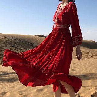 Embroidered Tassel 3/4-sleeve A-line Maxi Dress