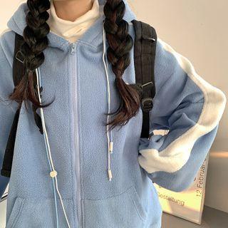 Cat Embroidered Hooded Zip Fleece Jacket