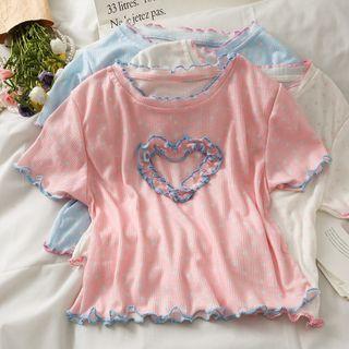 Heart-print Ruffled Crop T-shirt