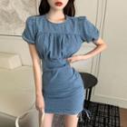 Puff-sleeve Denim Mini Sheath Dress
