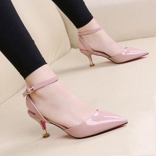 Ankle Strap Pointy Toe Patent Kitten Heels