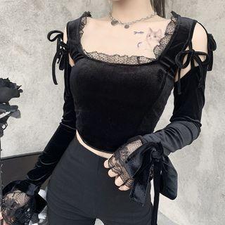 Long-sleeve Cold-shoulder Velvet Crop Top
