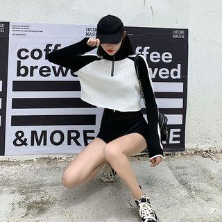 Two-tone Zip Detail Turtleneck Long-sleeve Knit Top