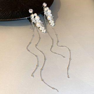 Rhinestone Faux Pearl Fringed Earring 1 Pair - Silver Needle - White - One Size