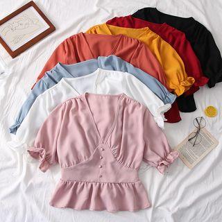 Ruffled-hem V-neck Crop Blouse
