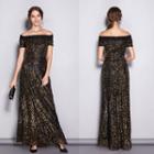 Sequined Off-shoulder A-line Evening Gown