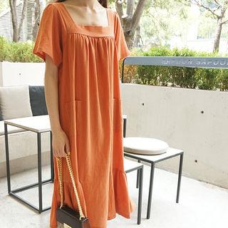 Squared-neck A-line Dress With Sash