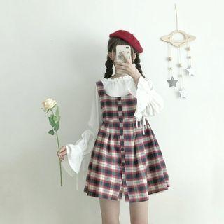 Frilled Blouse / Plaid Sleeveless A-line Dress
