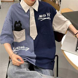 Short-sleeve Cat Print Panel Polo Shirt