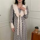 Long-sleeve Patterned Midi A-line Dress Almond & Black - One Size