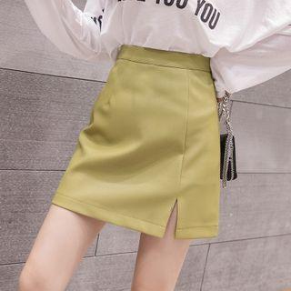 Plain Faux Leather Slit Mini A-line Skirt