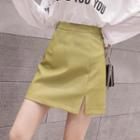 Plain Faux Leather Slit Mini A-line Skirt