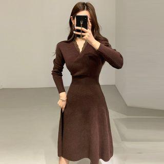 Lace Trim Wrap Midi A-line Knit Dress
