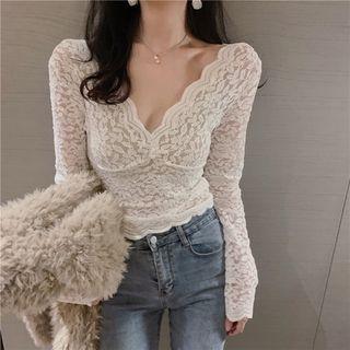 V-neck Long-sleeve Cropped Lace Top White - One Size