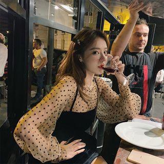 Long-sleeve Dotted Blouse / Spaghetti Strap Mini Dress