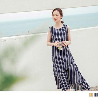 Sleeveless Striped Asymmetrical Layered A-line Dress