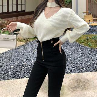 V-neck Halter Knit Sweater / High-waist Pants