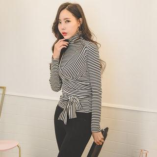 High-neck Stripe Wrap-front Top