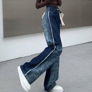 Fringed Trim Lettering Wide Leg Jeans